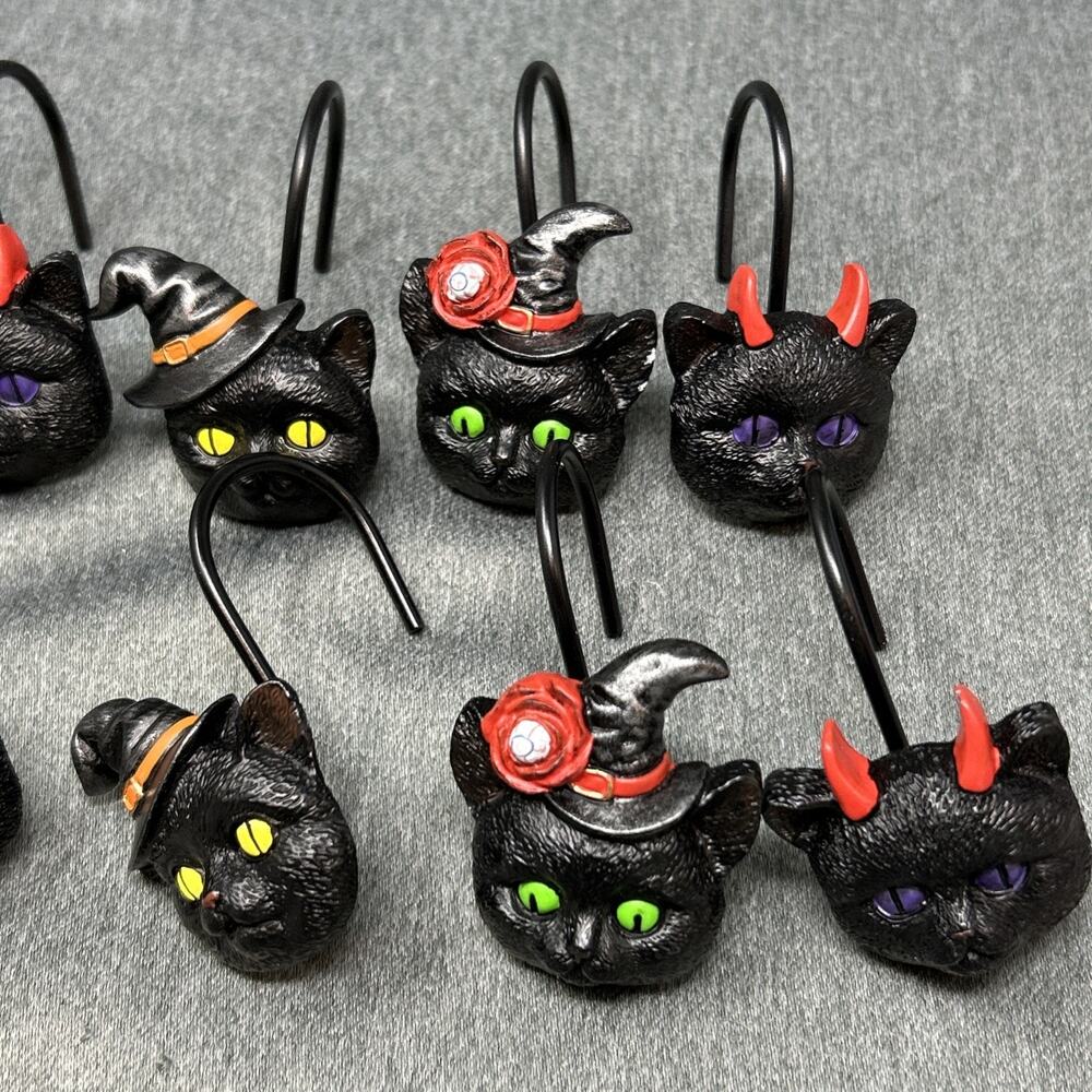 Sunlit Halloween Black Cat Shower Curtain Hooks Rings Spooky Season Decor Set 12 - Picture 4 of 11